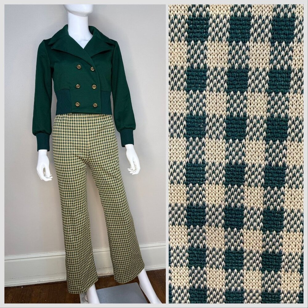 Vintage 1970s Green Gingham Flare Leg Pant Suit, Toni Todd Size XS/Small, Jacket